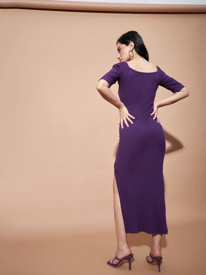 Purple Side Slit V-Neck Rib Maxi Dress