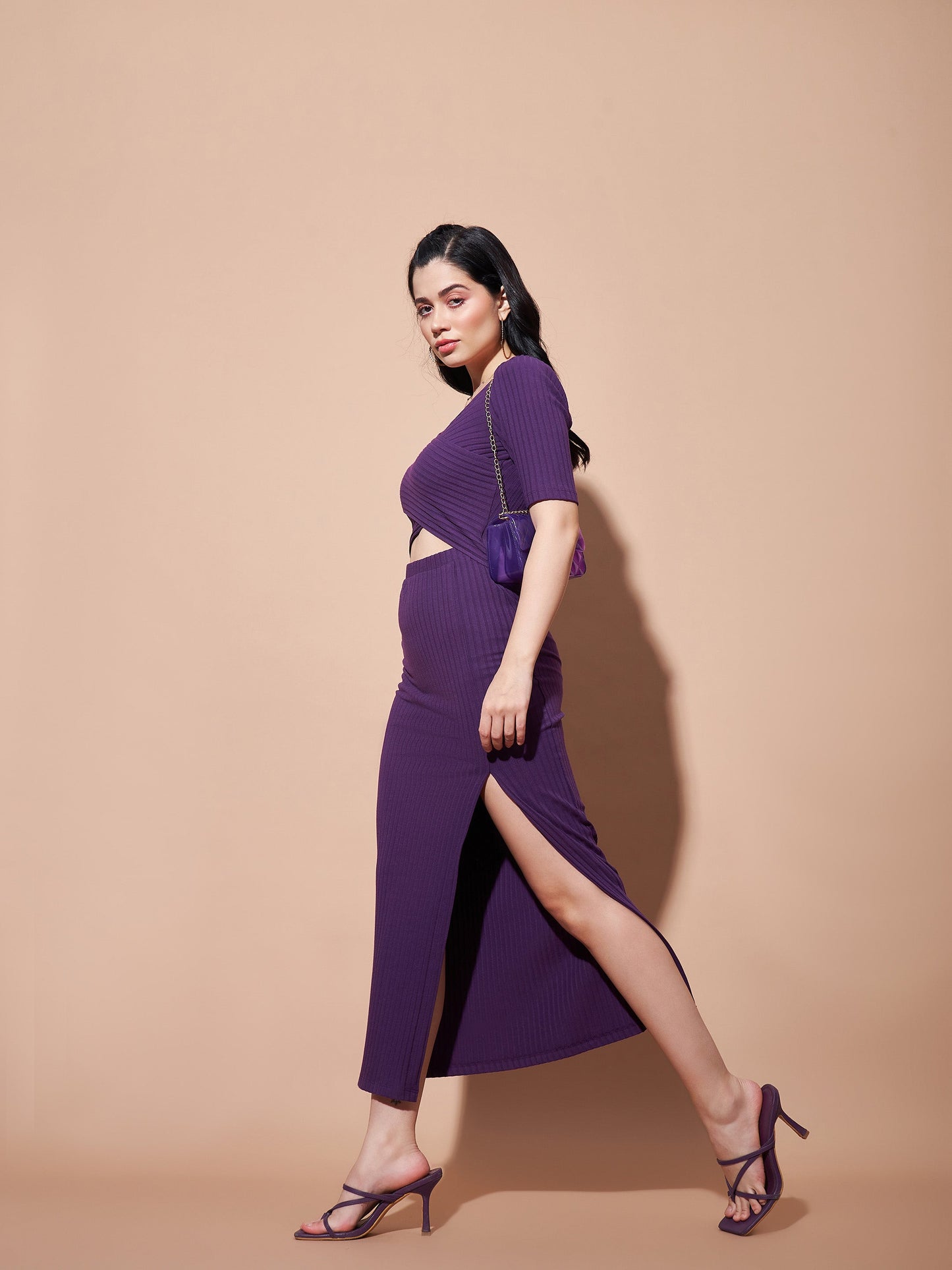 Purple Side Slit V-Neck Rib Maxi Dress