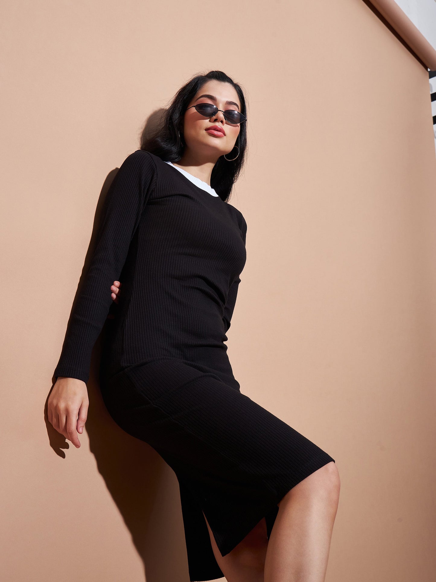 Black Contrast Rib Bodycon Rib Dress