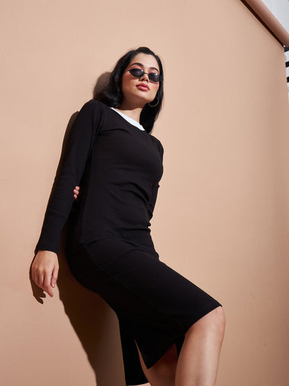 Black Contrast Rib Bodycon Rib Dress