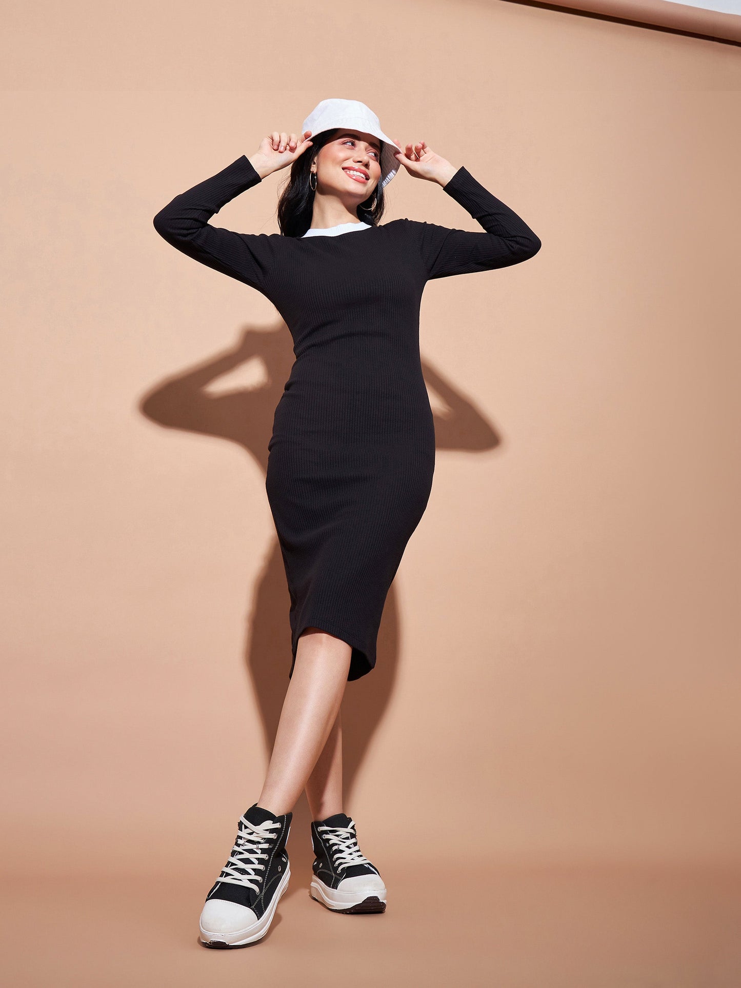 Black Contrast Rib Bodycon Rib Dress