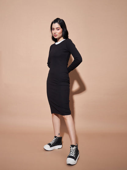 Black Contrast Rib Bodycon Rib Dress