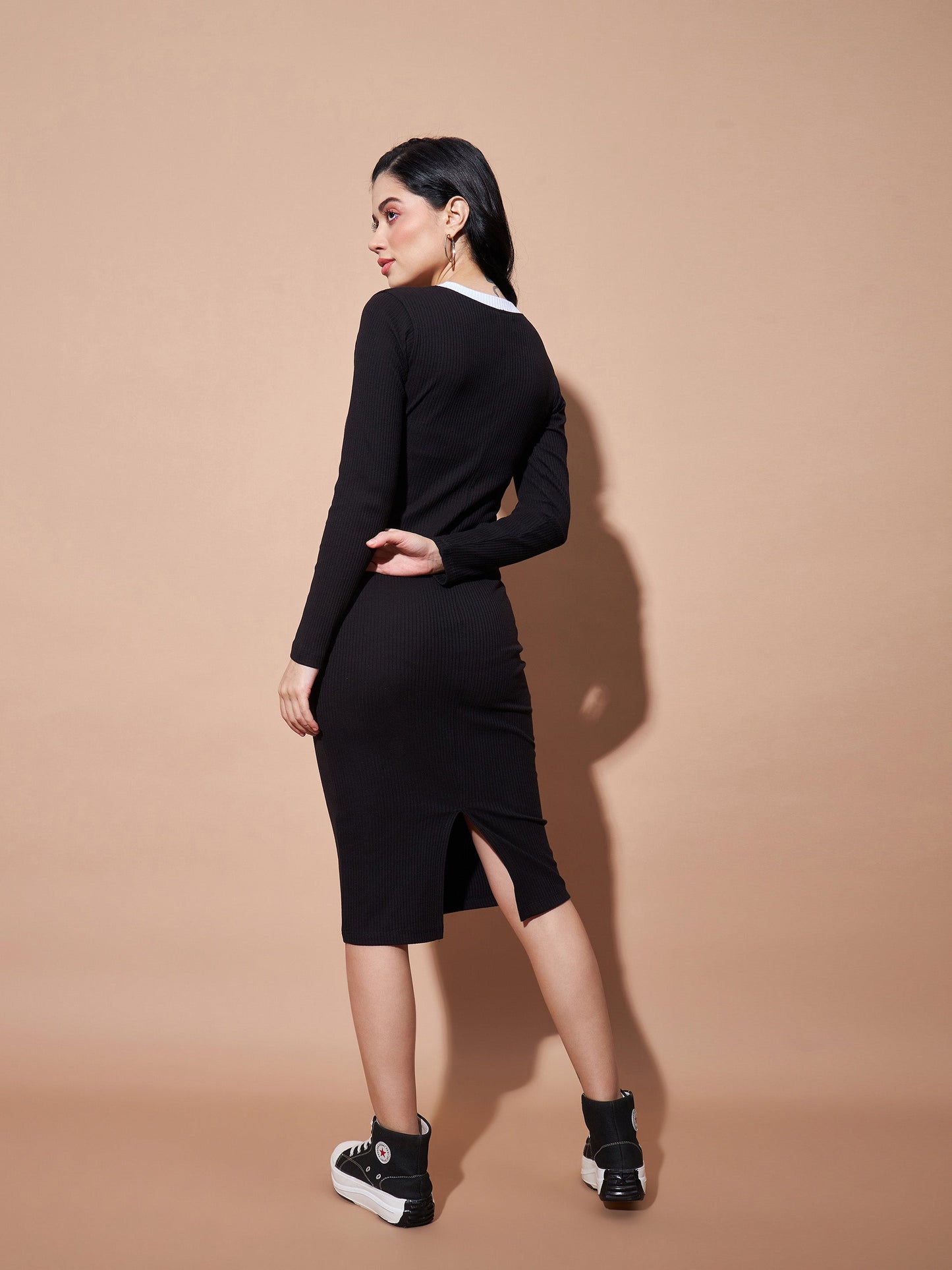 Black Contrast Rib Bodycon Rib Dress