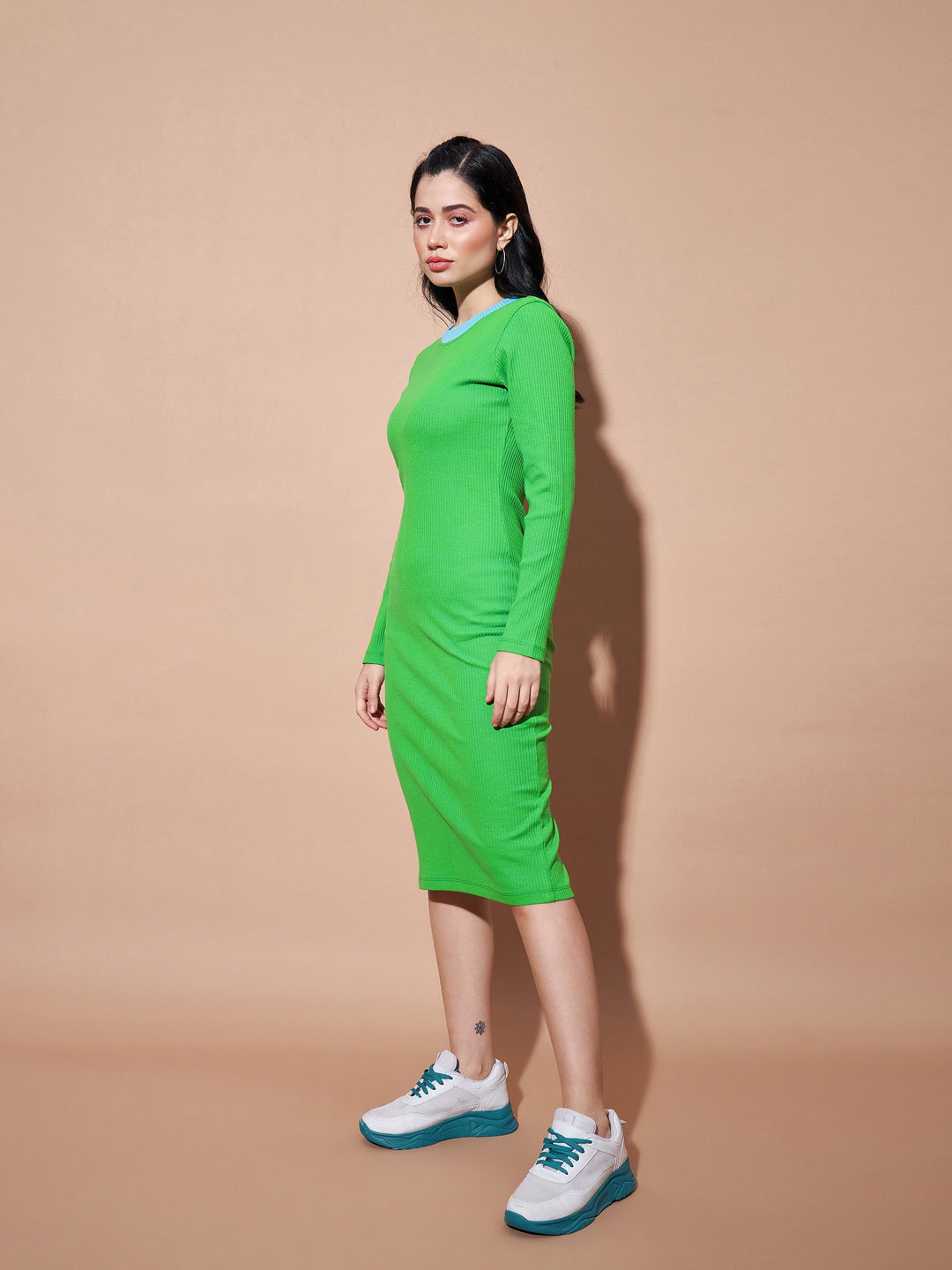 Women Green Contrast Rib Bodycon Rib Dress