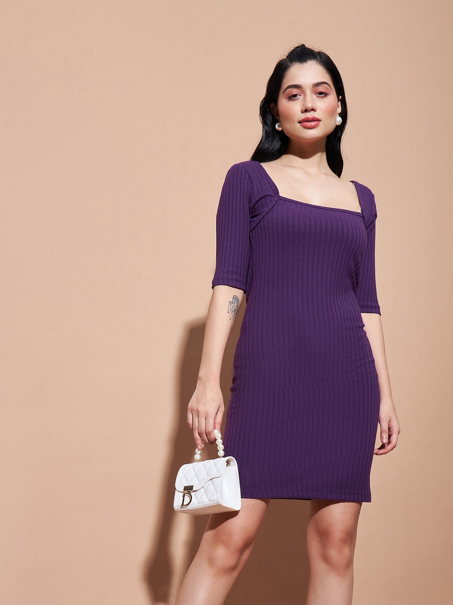 Purple Rib Square Neck Short Dress