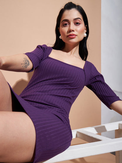 Purple Rib Square Neck Short Dress