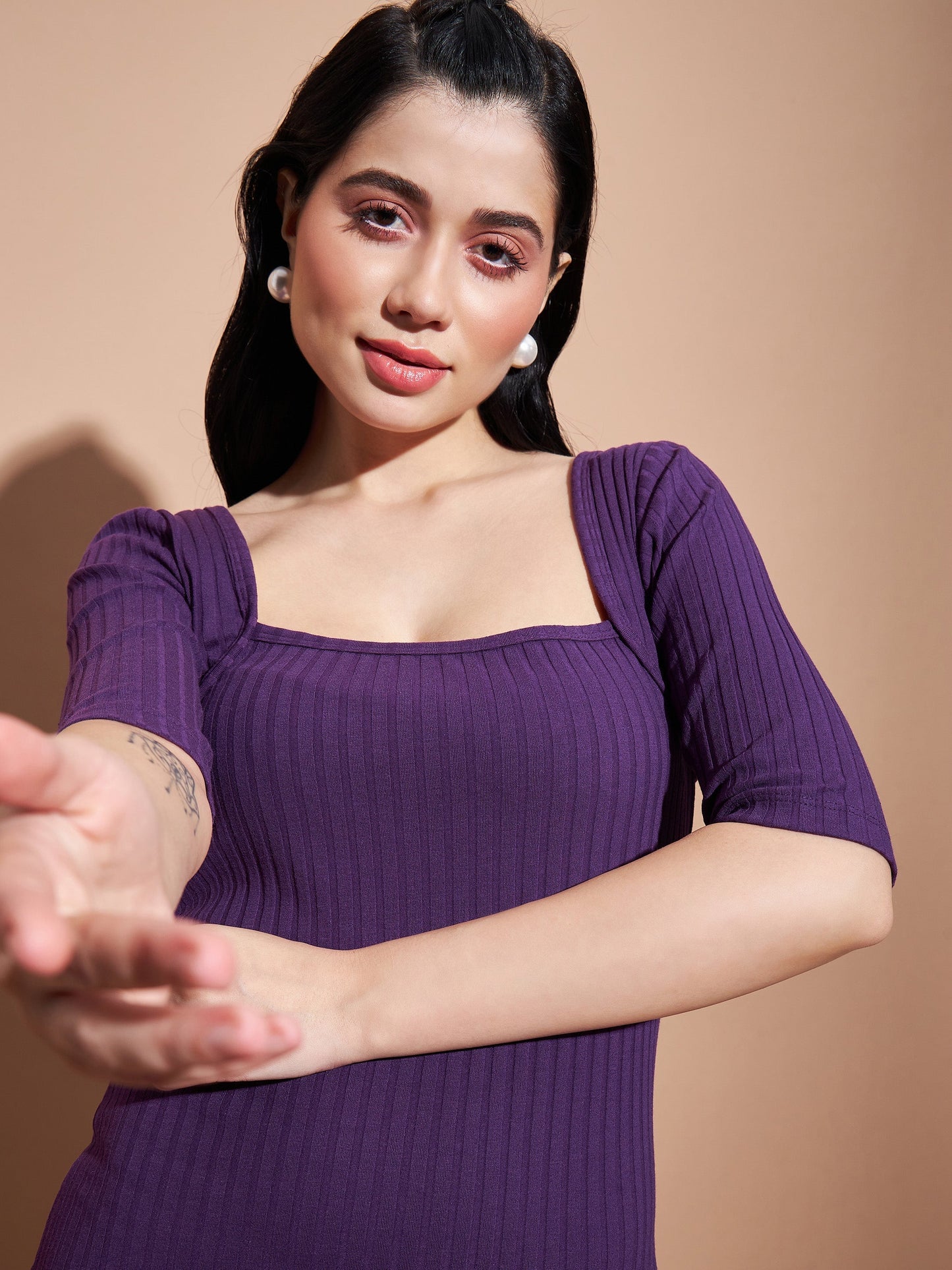Purple Rib Square Neck Short Dress