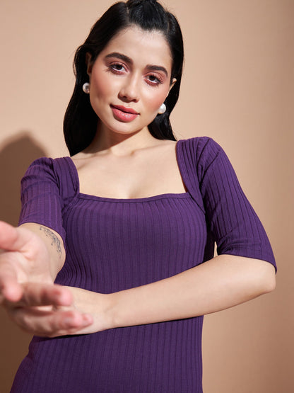 Purple Rib Square Neck Short Dress