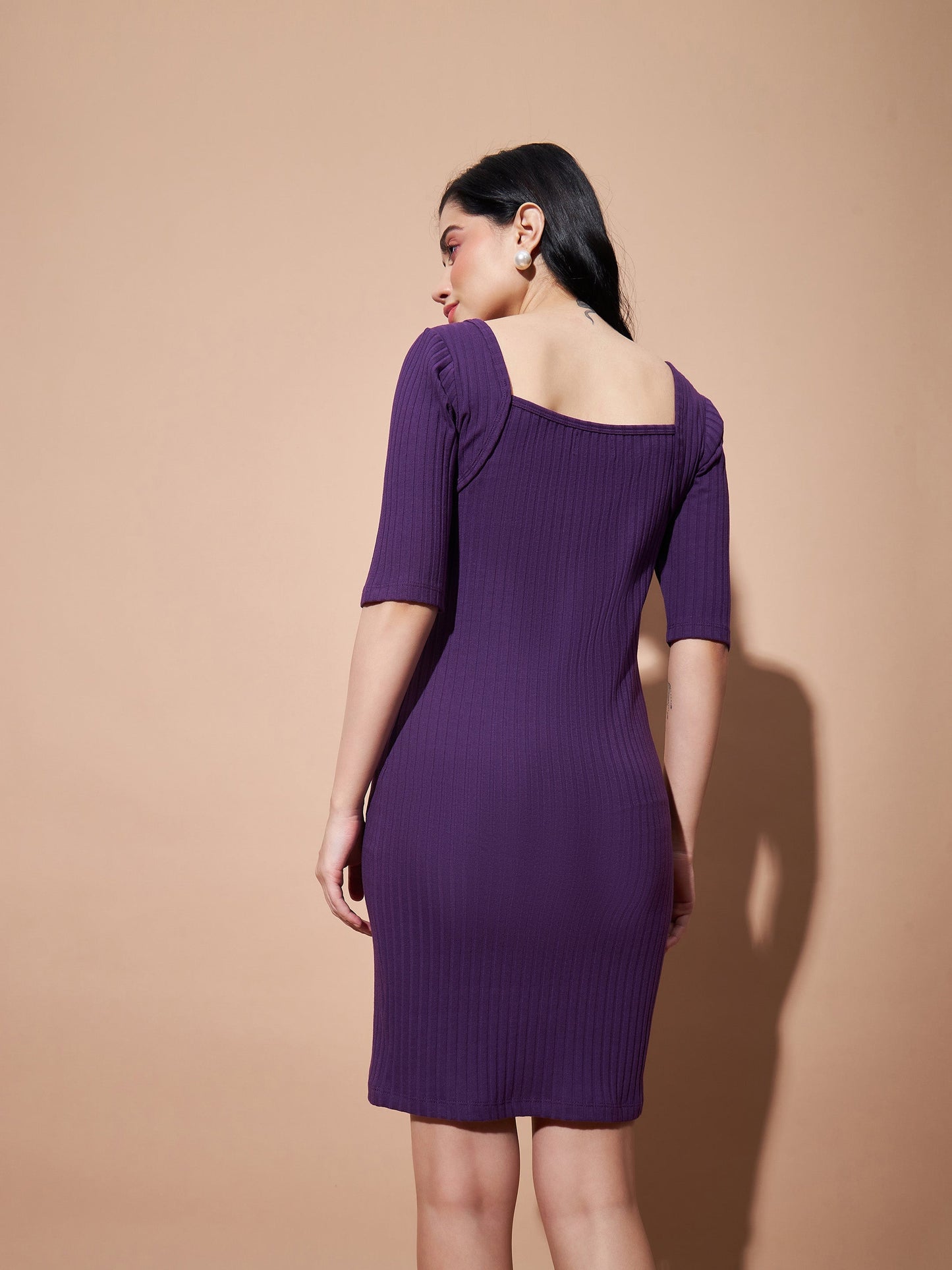 Purple Rib Square Neck Short Dress