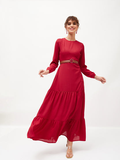 Maroon Belted Tiered Maxi Dress