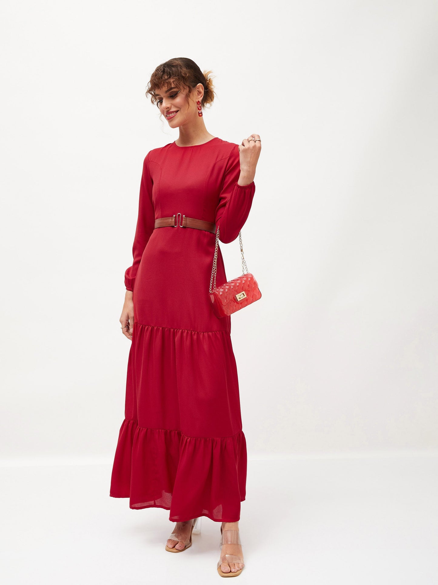 Maroon Belted Tiered Maxi Dress