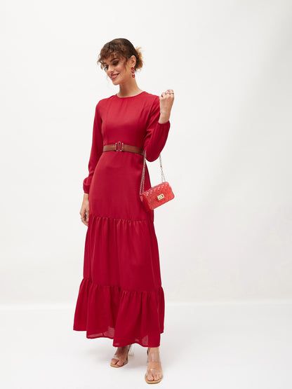 Maroon Belted Tiered Maxi Dress
