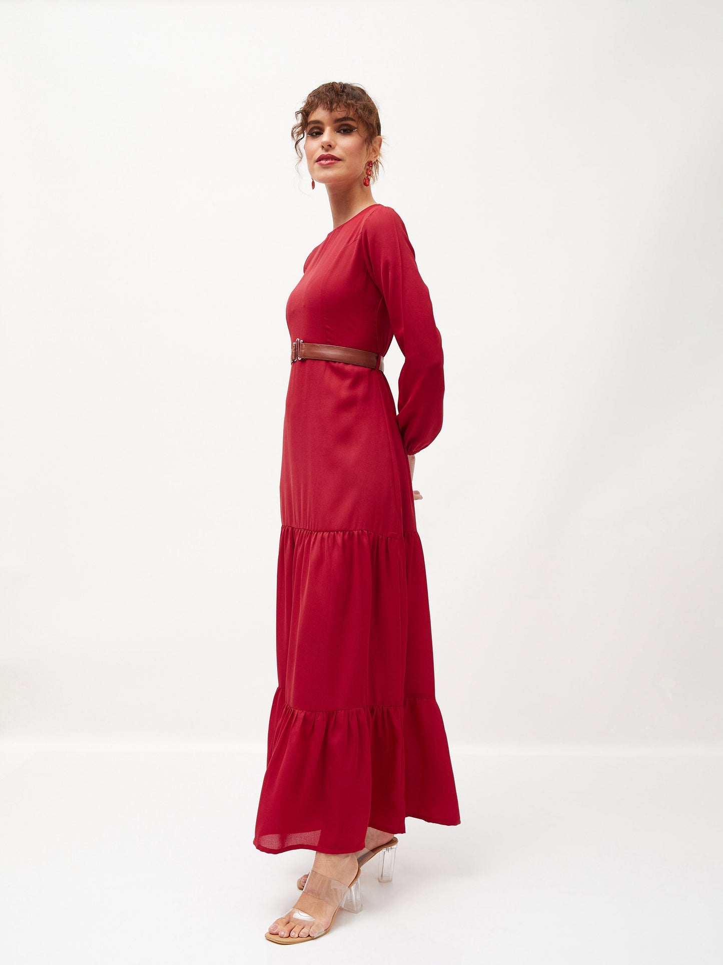 Maroon Belted Tiered Maxi Dress