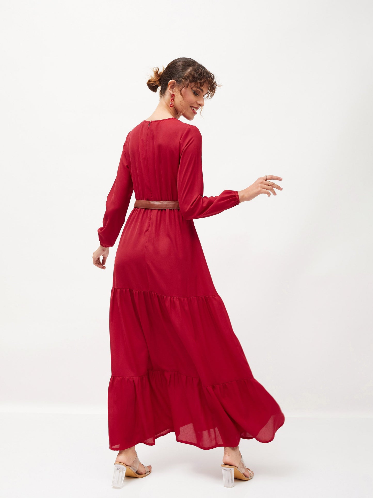 Maroon Belted Tiered Maxi Dress