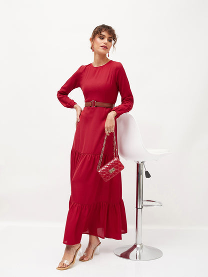 Maroon Belted Tiered Maxi Dress