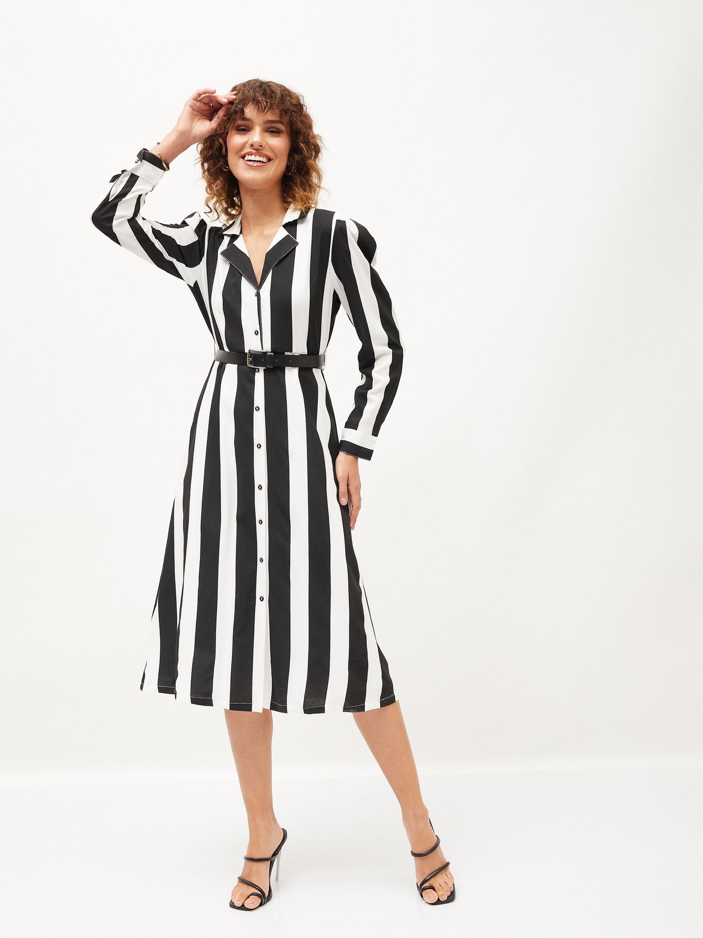 Black & White Striped Belted Shirt Dress