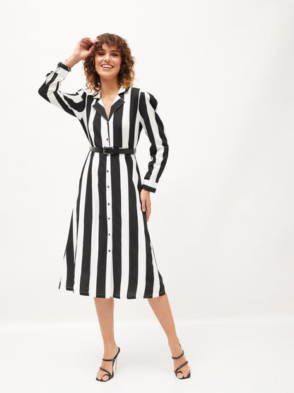 Black & White Striped Belted Shirt Dress