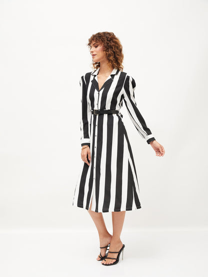 Black & White Striped Belted Shirt Dress