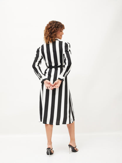 Black & White Striped Belted Shirt Dress
