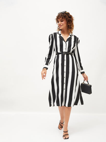 Black & White Striped Belted Shirt Dress