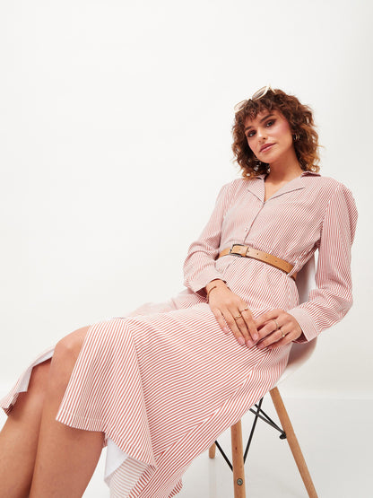 Red & White Pinstriped Belted Shirt Dress