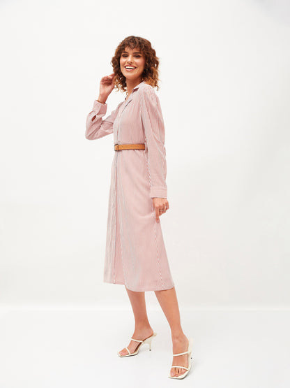 Red & White Pinstriped Belted Shirt Dress