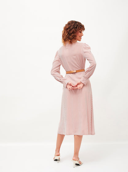Red & White Pinstriped Belted Shirt Dress