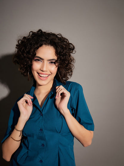 Women Navy Poplin Shirt Dress