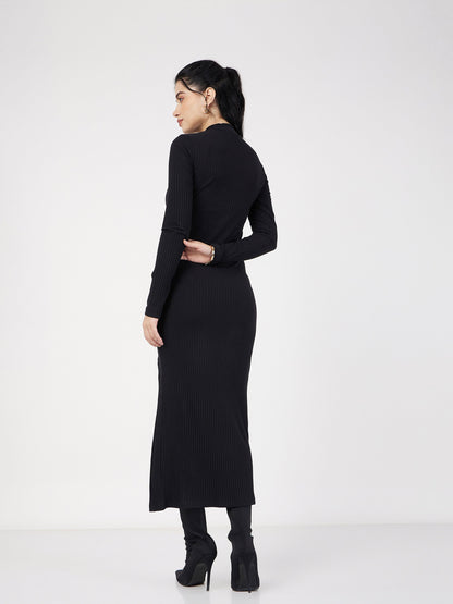 Women Black Rib Turtle Neck Front Slit Dress
