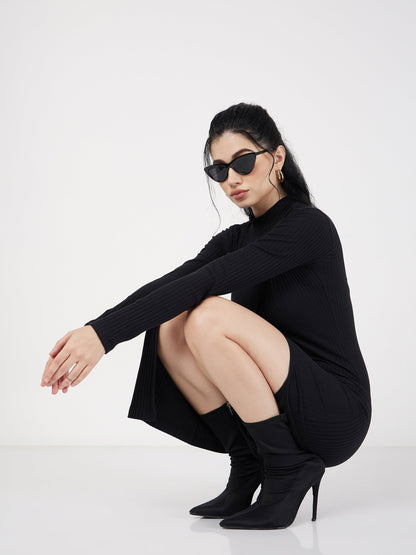 Women Black Rib Turtle Neck Front Slit Dress
