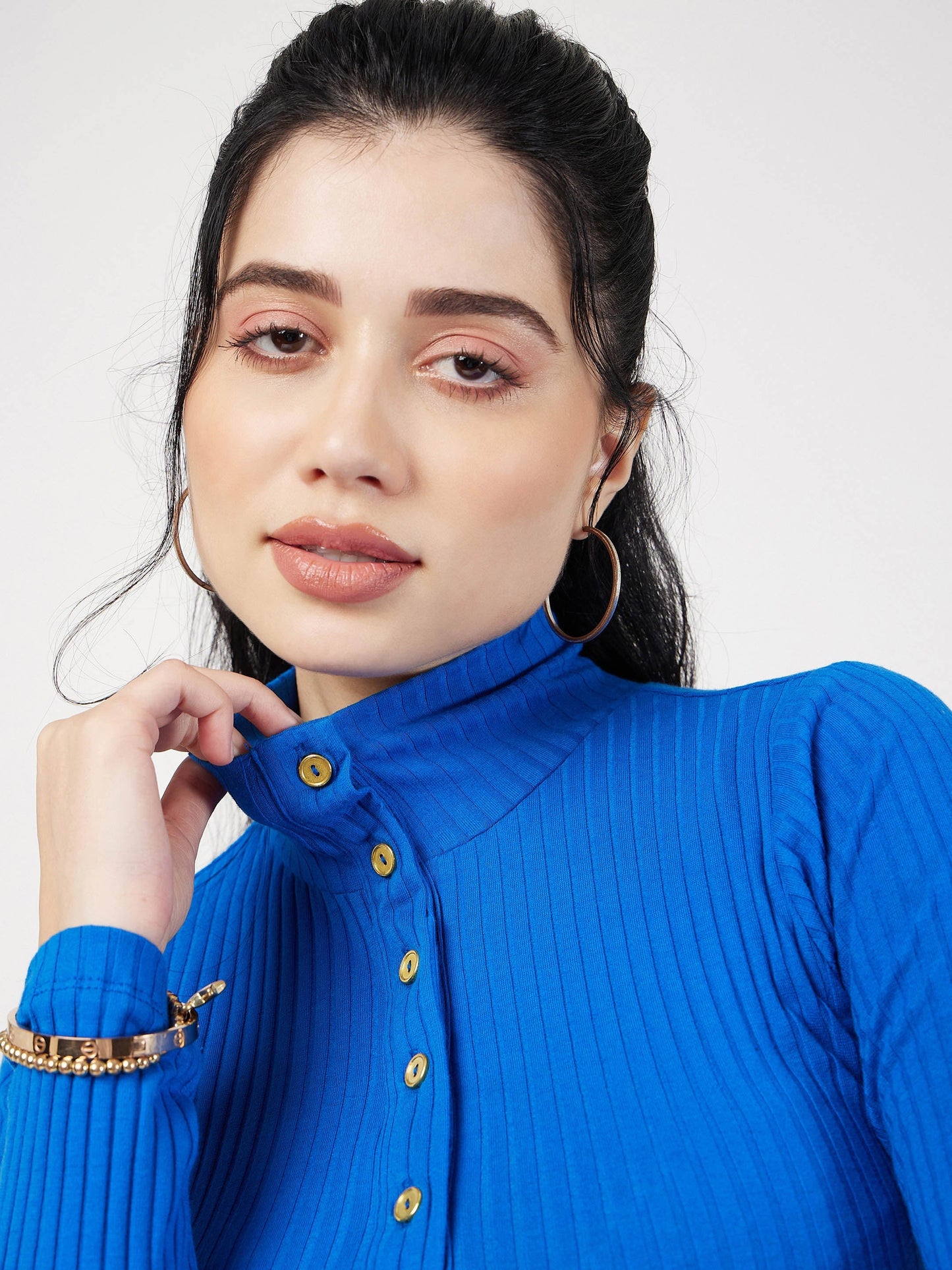 Royal Blue Rib High Neck Front Button Mini Dress