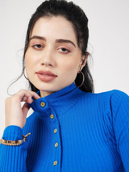 Royal Blue Rib High Neck Front Button Mini Dress