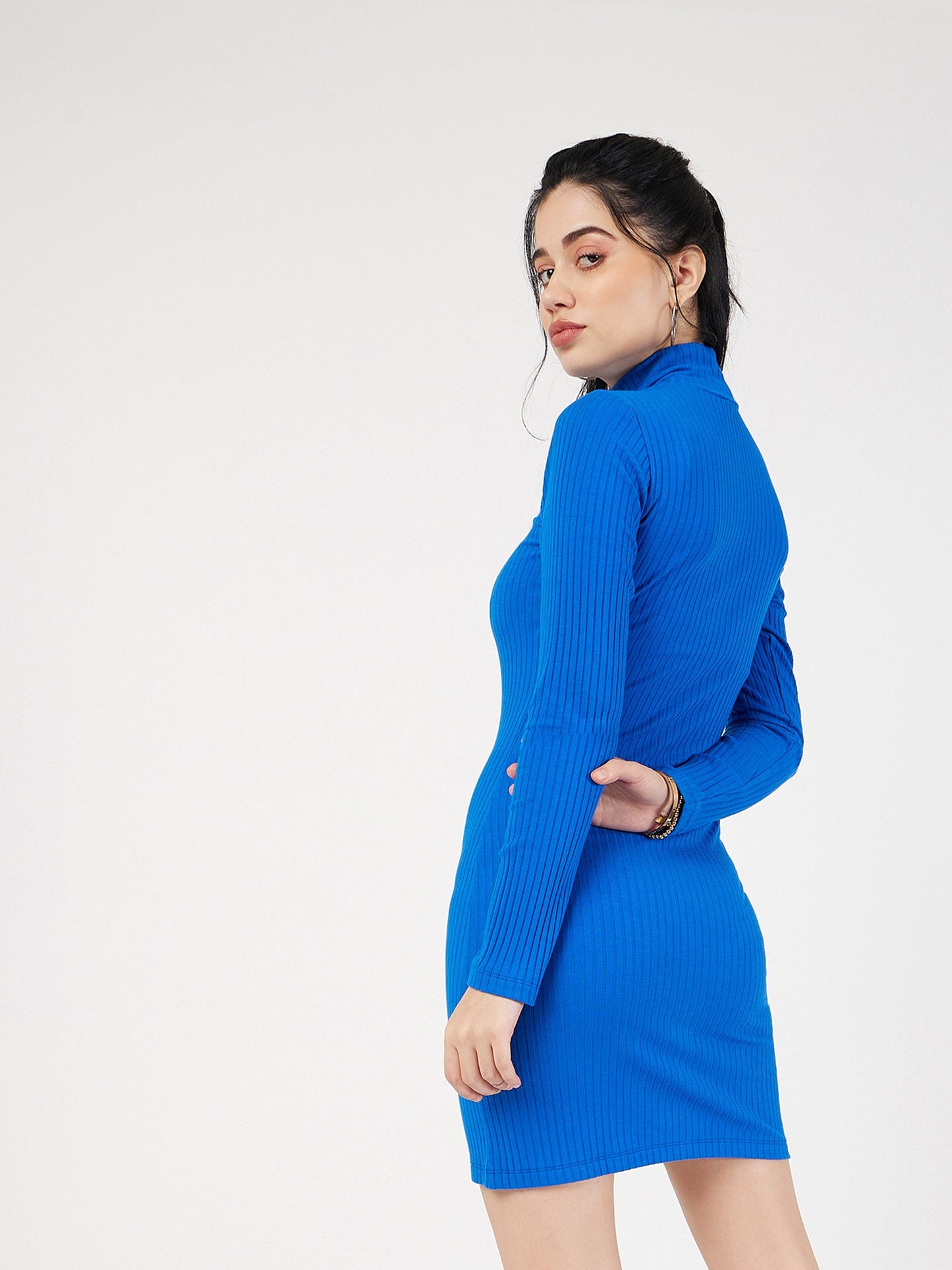 Royal Blue Rib High Neck Front Button Mini Dress