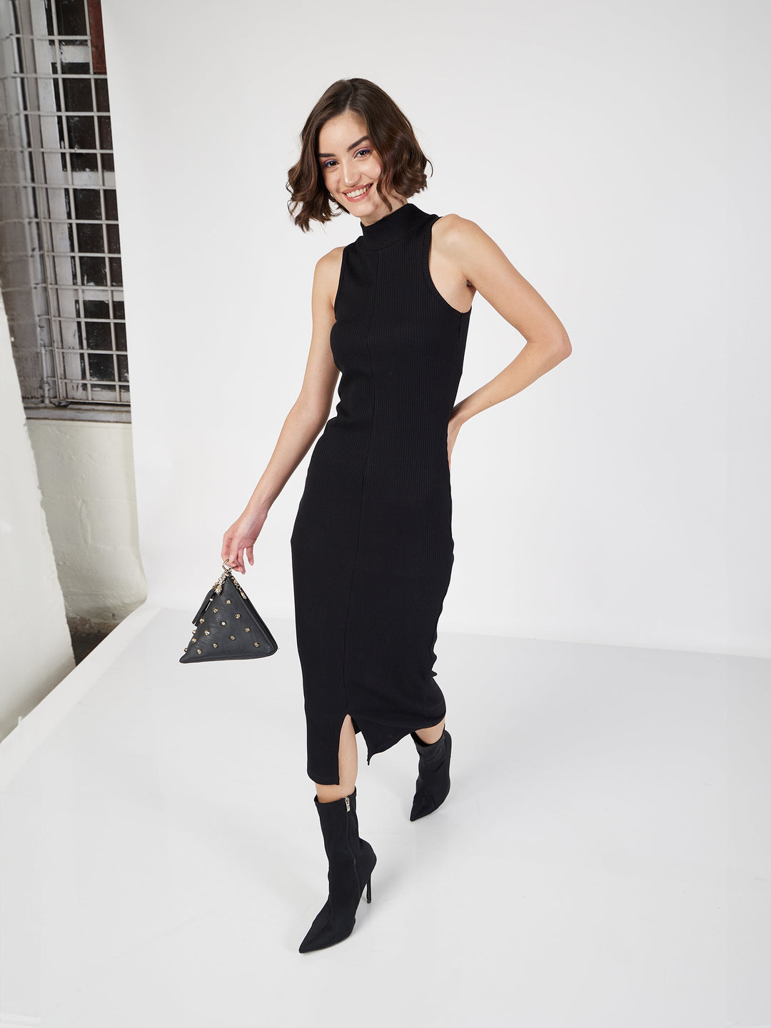 Women's Women Black Rib Turtle Neck Sleeveless Midi Dress in Cotton by Sassafras for wholesale, bulk, supplier, manufacturer and wholesaler buyers from Trendphoria