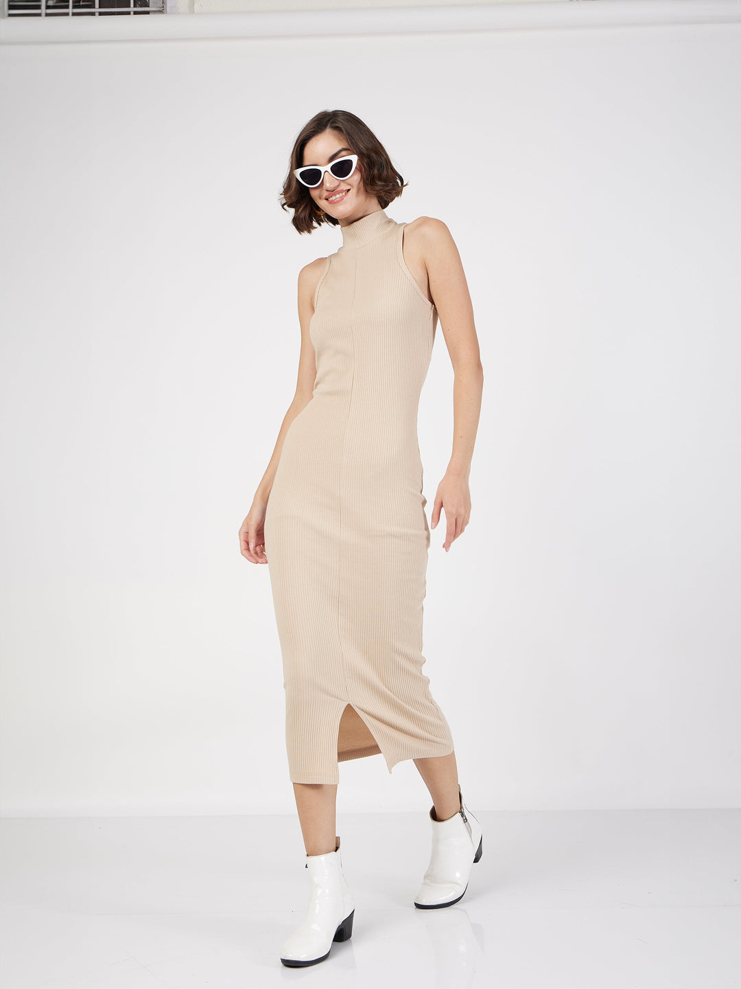 Women's Women Beige Rib Turtle Neck Sleeveless Midi Dress in Cotton by Sassafras for wholesale, bulk, supplier, manufacturer and wholesaler buyers from Trendphoria
