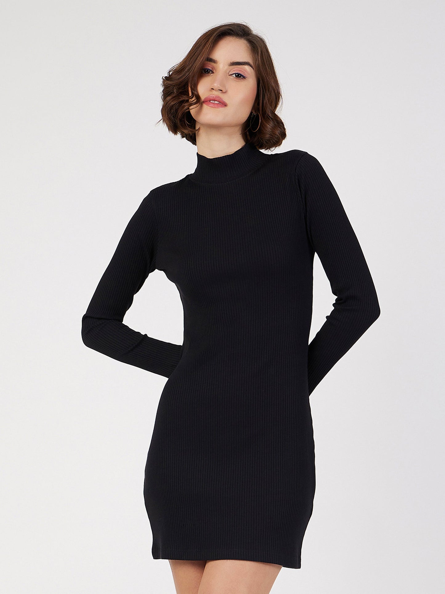 Black Rib Turtle Neck Short Dress