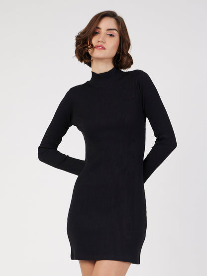Black Rib Turtle Neck Short Dress