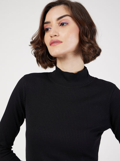 Black Rib Turtle Neck Short Dress