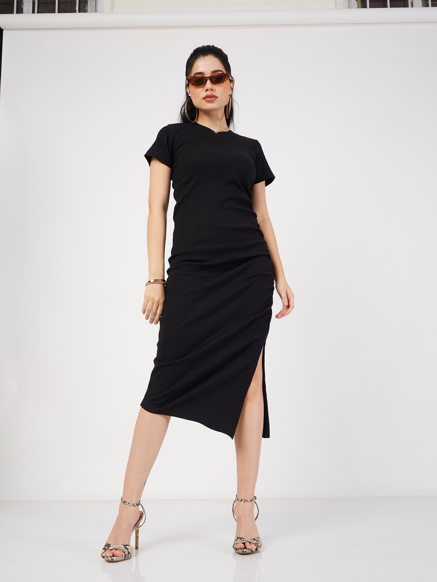 Black Rib Side Ruched Bodycon Maxi Dress