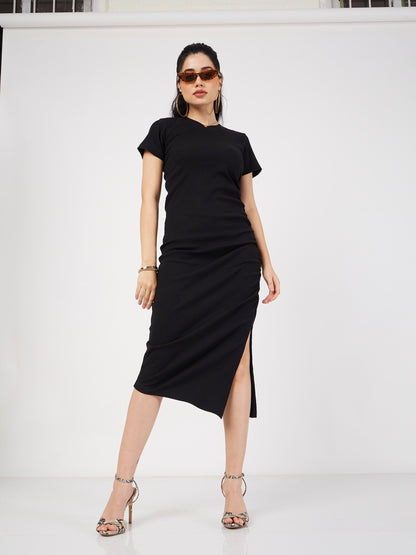 Black Rib Side Ruched Bodycon Maxi Dress