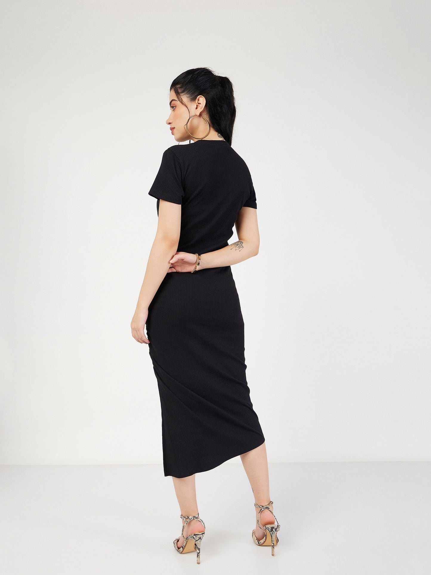 Black Rib Side Ruched Bodycon Maxi Dress