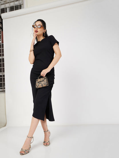 Black Rib Side Ruched Bodycon Maxi Dress