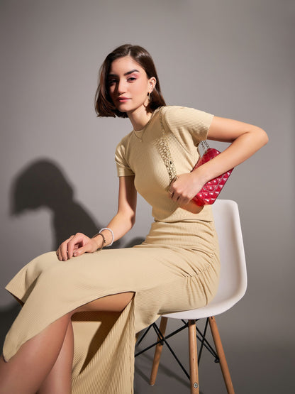 Beige Rib Side Ruched Bodycon Maxi Dress