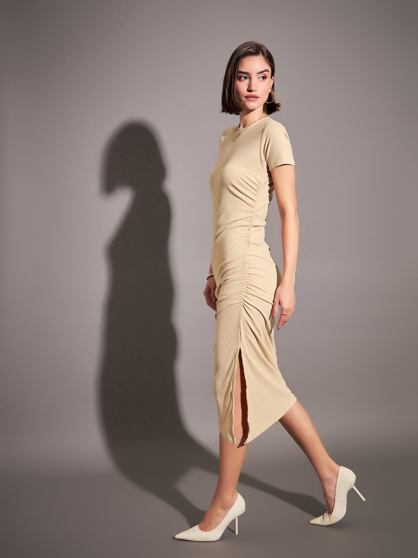 Beige Rib Side Ruched Bodycon Maxi Dress