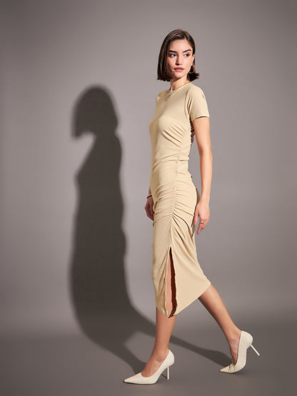 Beige Rib Side Ruched Bodycon Maxi Dress