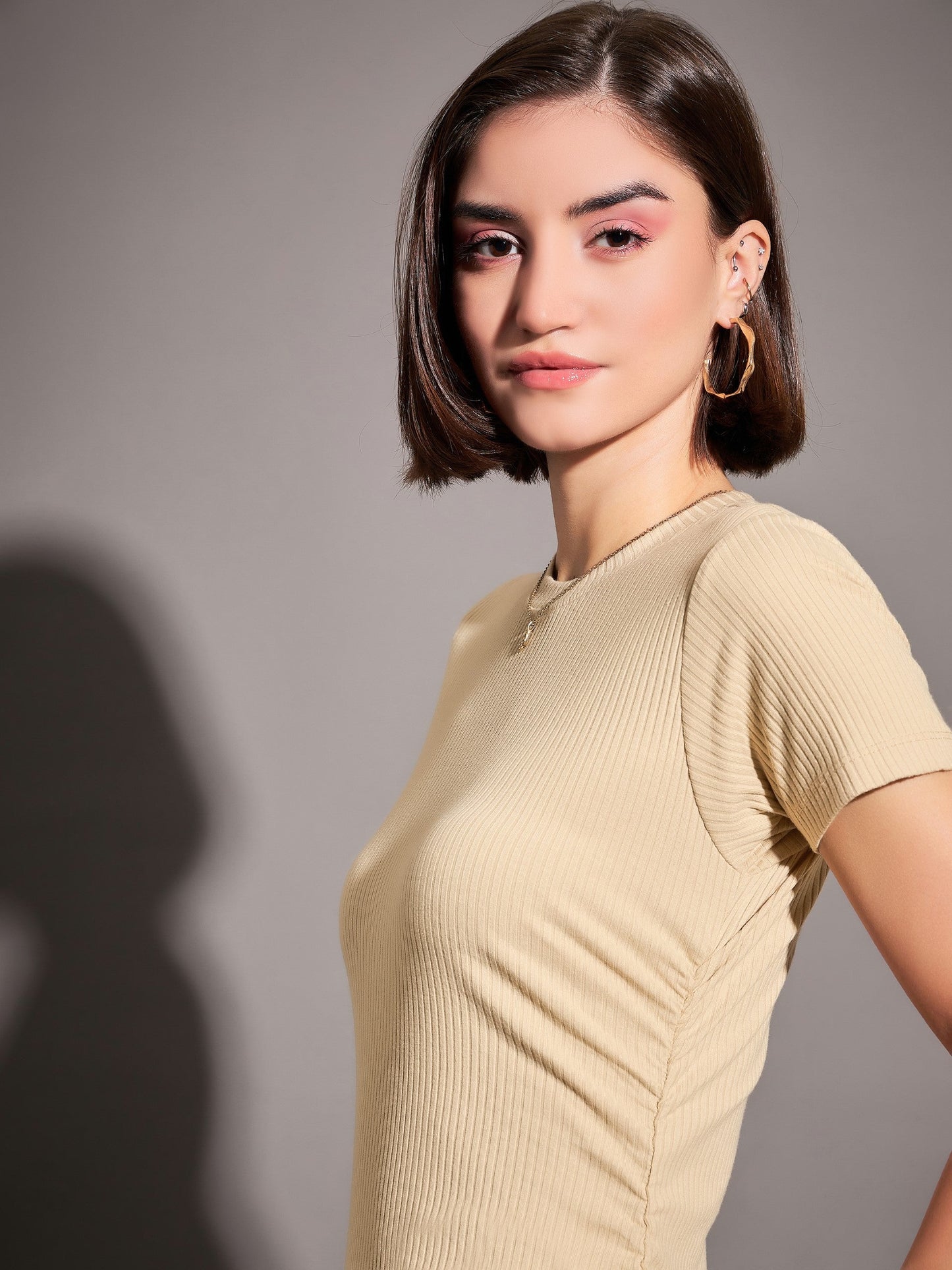 Beige Rib Side Ruched Bodycon Maxi Dress