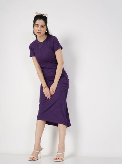 Purple Rib Side Ruched Bodycon Maxi Dress