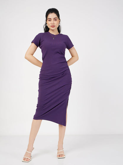 Purple Rib Side Ruched Bodycon Maxi Dress