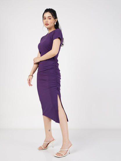 Purple Rib Side Ruched Bodycon Maxi Dress