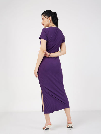 Purple Rib Side Ruched Bodycon Maxi Dress